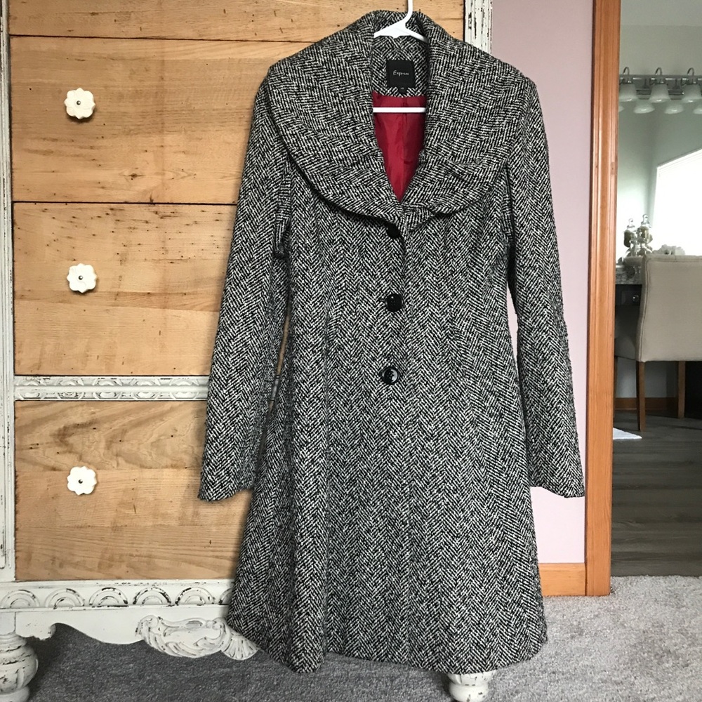 Express Black & White Herringbone Wool Dress Coat